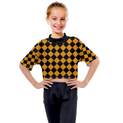 Block Fiesta Black And Honey Orange Kids Mock Neck Tee by FashionBoulevard