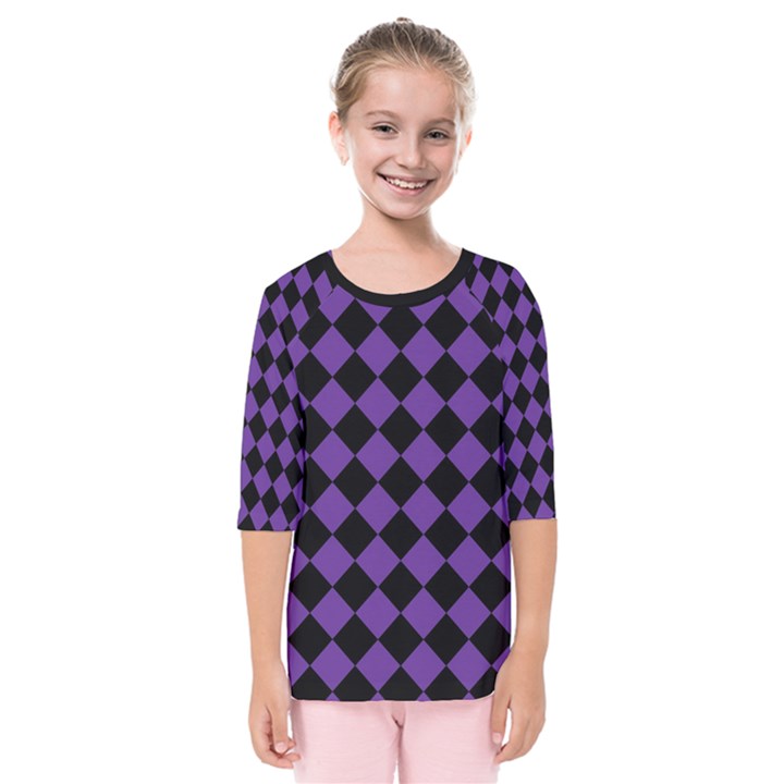 Block Fiesta Black And Imperial Purple Kids  Quarter Sleeve Raglan Tee