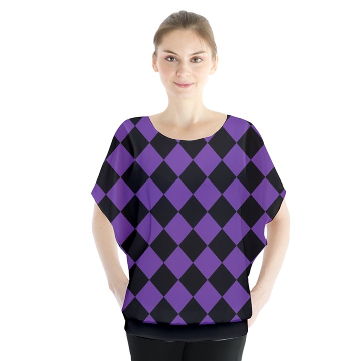 Block Fiesta Black And Imperial Purple Batwing Chiffon Blouse