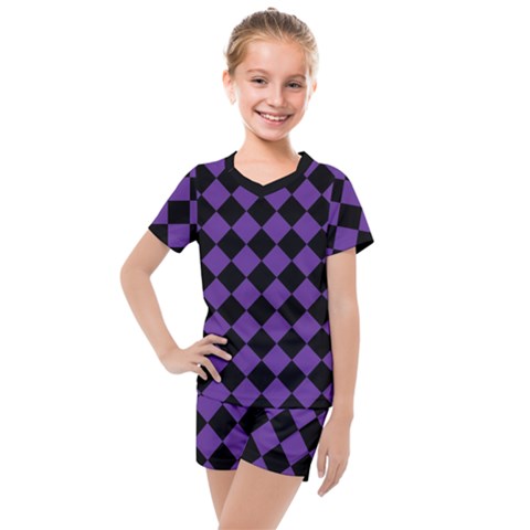 Block Fiesta Black And Imperial Purple Kids  Mesh Tee And Shorts Set by FashionBoulevard