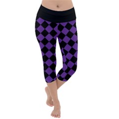 Block Fiesta Black And Imperial Purple Lightweight Velour Capri Yoga Leggings by FashionBoulevard