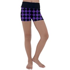 Block Fiesta Black And Imperial Purple Kids  Lightweight Velour Yoga Shorts by FashionBoulevard