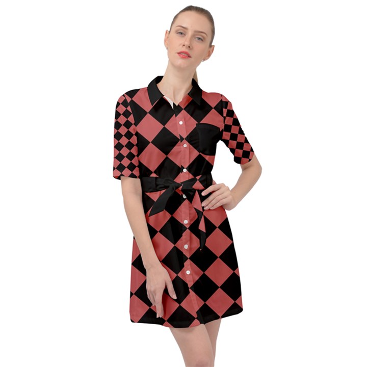 Block Fiesta Black And Indian Red Belted Shirt Dress