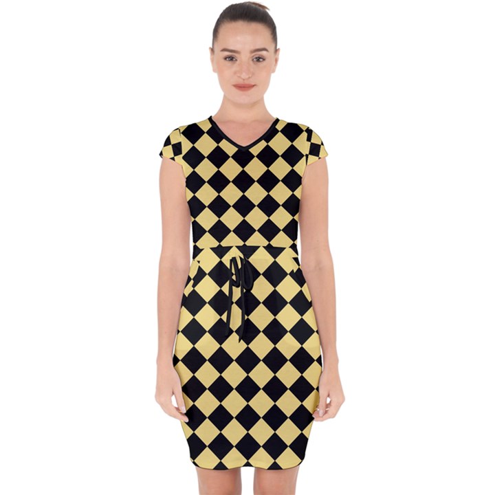 Block Fiesta Black And Mellow Yellow Capsleeve Drawstring Dress 