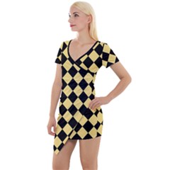 Block Fiesta Black And Mellow Yellow Short Sleeve Asymmetric Mini Dress by FashionBoulevard