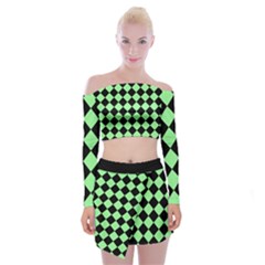 Block Fiesta Black And Mint Green Off Shoulder Top With Mini Skirt Set