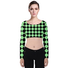 Block Fiesta Black And Mint Green Velvet Long Sleeve Crop Top