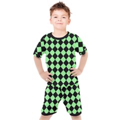 Block Fiesta Black And Mint Green Kids  Tee And Shorts Set