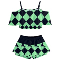 Block Fiesta Black And Mint Green Kids  Off Shoulder Skirt Bikini