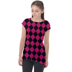 Block Fiesta Black And Peacock Pink Cap Sleeve High Low Top