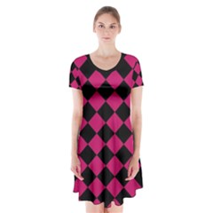 Block Fiesta Black And Peacock Pink Short Sleeve V-neck Flare Dress by FashionBoulevard