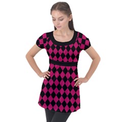 Block Fiesta Black And Peacock Pink Puff Sleeve Tunic Top by FashionBoulevard