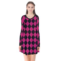 Block Fiesta Black And Peacock Pink Long Sleeve V-neck Flare Dress by FashionBoulevard