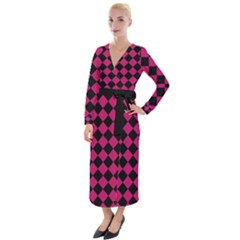 Block Fiesta Black And Peacock Pink Velvet Maxi Wrap Dress by FashionBoulevard