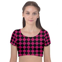 Block Fiesta Black And Peacock Pink Velvet Short Sleeve Crop Top  by FashionBoulevard