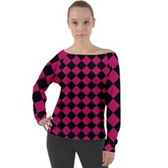 Block Fiesta Black And Peacock Pink Off Shoulder Long Sleeve Velour Top