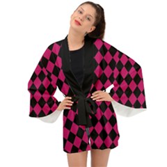 Block Fiesta Black And Peacock Pink Long Sleeve Kimono by FashionBoulevard