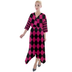 Block Fiesta Black And Peacock Pink Quarter Sleeve Wrap Front Maxi Dress