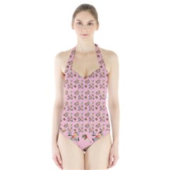 Robin Art Pink Pattern Halter Swimsuit by snowwhitegirl