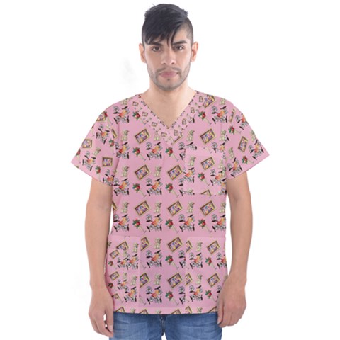 Robin Art Pink Pattern Men s V-neck Scrub Top by snowwhitegirl