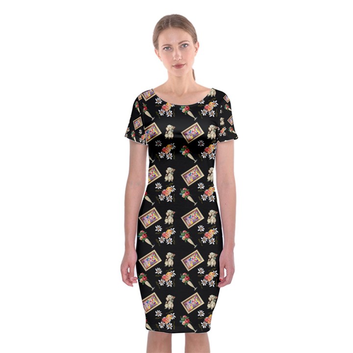 Robin Art Black Pattern Classic Short Sleeve Midi Dress