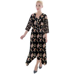 Robin Art Black Pattern Quarter Sleeve Wrap Front Maxi Dress