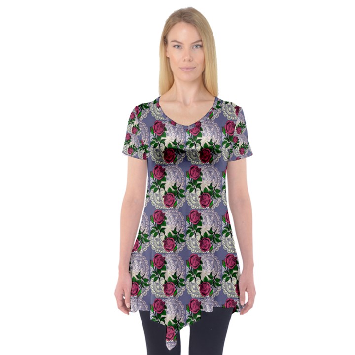 Doily Rose Pattern Blue Short Sleeve Tunic 