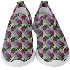 Doily Rose Pattern Blue Kids  Slip On Sneakers by snowwhitegirl