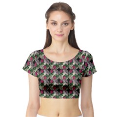 Doily Rose Pattern Black Short Sleeve Crop Top by snowwhitegirl