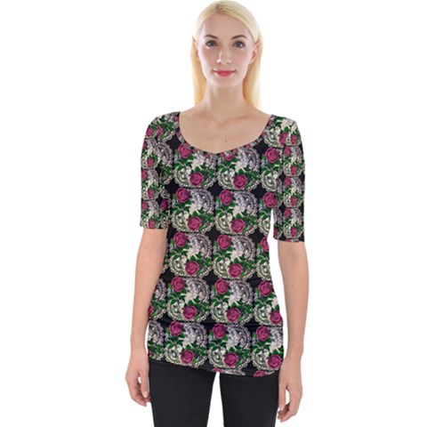 Doily Rose Pattern Black Wide Neckline Tee by snowwhitegirl