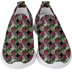 Doily Rose Pattern Black Kids  Slip On Sneakers by snowwhitegirl