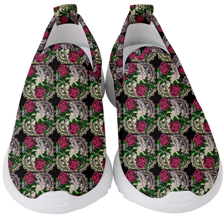 Doily Rose Pattern Black Kids  Slip On Sneakers