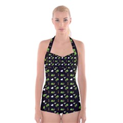 Green Elephant Pattern Boyleg Halter Swimsuit  by snowwhitegirl