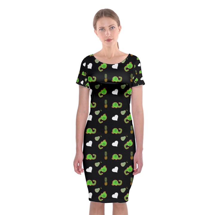 Green Elephant Pattern Classic Short Sleeve Midi Dress