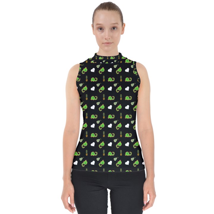 Green Elephant Pattern Mock Neck Shell Top