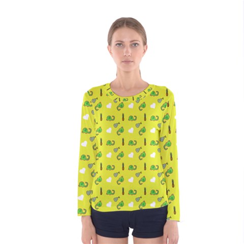 Green Elephant Pattern Yellow Women s Long Sleeve Tee by snowwhitegirl