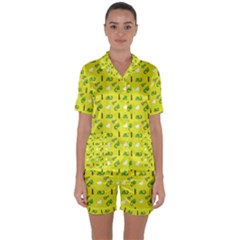 Green Elephant Pattern Yellow Satin Short Sleeve Pyjamas Set by snowwhitegirl