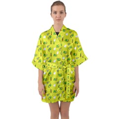 Green Elephant Pattern Yellow Half Sleeve Satin Kimono  by snowwhitegirl