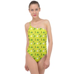 Green Elephant Pattern Yellow Classic One Shoulder Swimsuit by snowwhitegirl