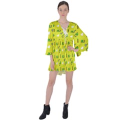 Green Elephant Pattern Yellow V-neck Flare Sleeve Mini Dress by snowwhitegirl