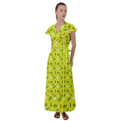 Green Elephant Pattern Yellow Flutter Sleeve Maxi Dress by snowwhitegirl