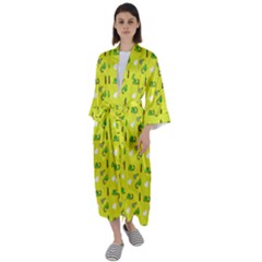 Green Elephant Pattern Yellow Maxi Satin Kimono