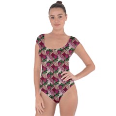 Doily Rose Pattern Red Short Sleeve Leotard 