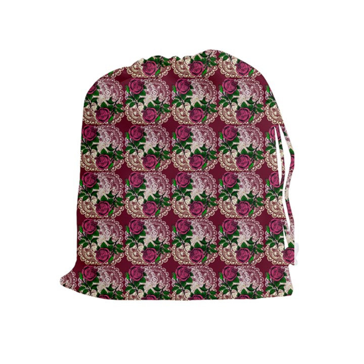 Doily Rose Pattern Red Drawstring Pouch (XL)