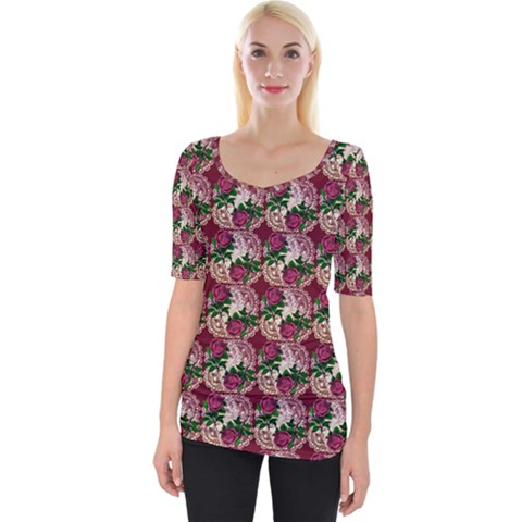 Doily Rose Pattern Red Wide Neckline Tee by snowwhitegirl