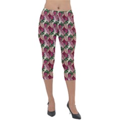 Doily Rose Pattern Red Lightweight Velour Capri Leggings  by snowwhitegirl