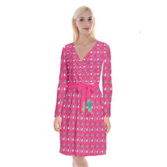 Green Elephant Pattern Hot Pink Long Sleeve Velvet Front Wrap Dress by snowwhitegirl