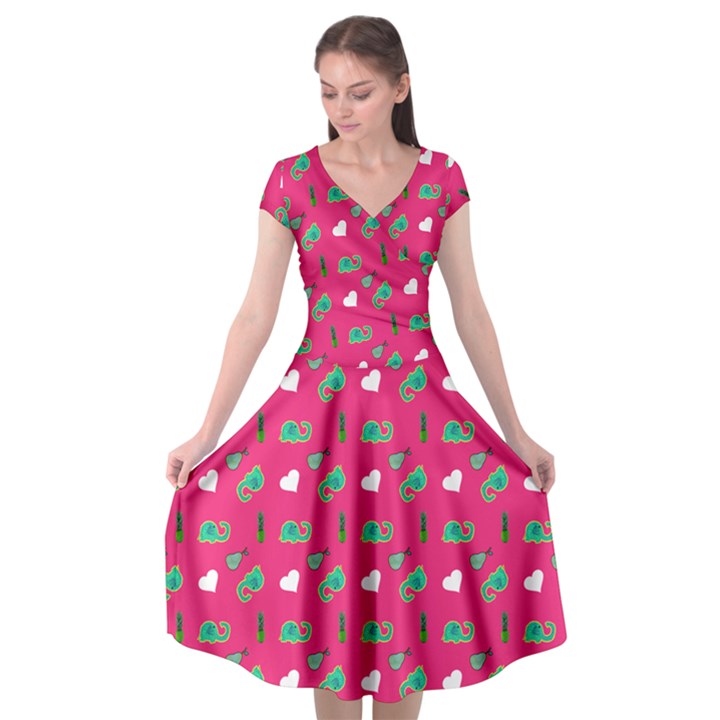 Green Elephant Pattern Hot Pink Cap Sleeve Wrap Front Dress