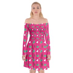 Green Elephant Pattern Hot Pink Off Shoulder Skater Dress by snowwhitegirl