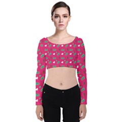 Green Elephant Pattern Hot Pink Velvet Long Sleeve Crop Top by snowwhitegirl